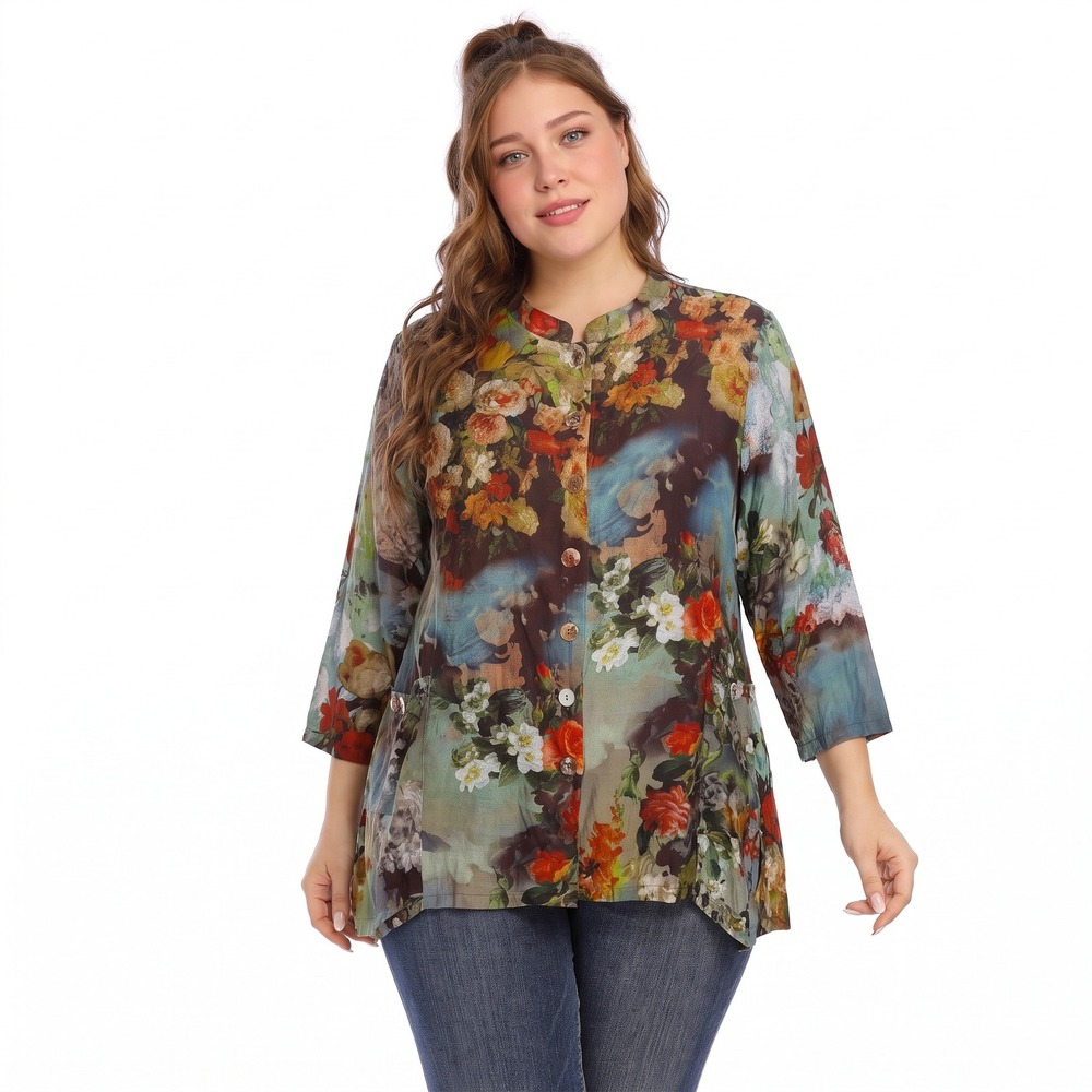 Soft Surroundings Tunic Top Womens Large Multicolor Floral Button Front 2BU97